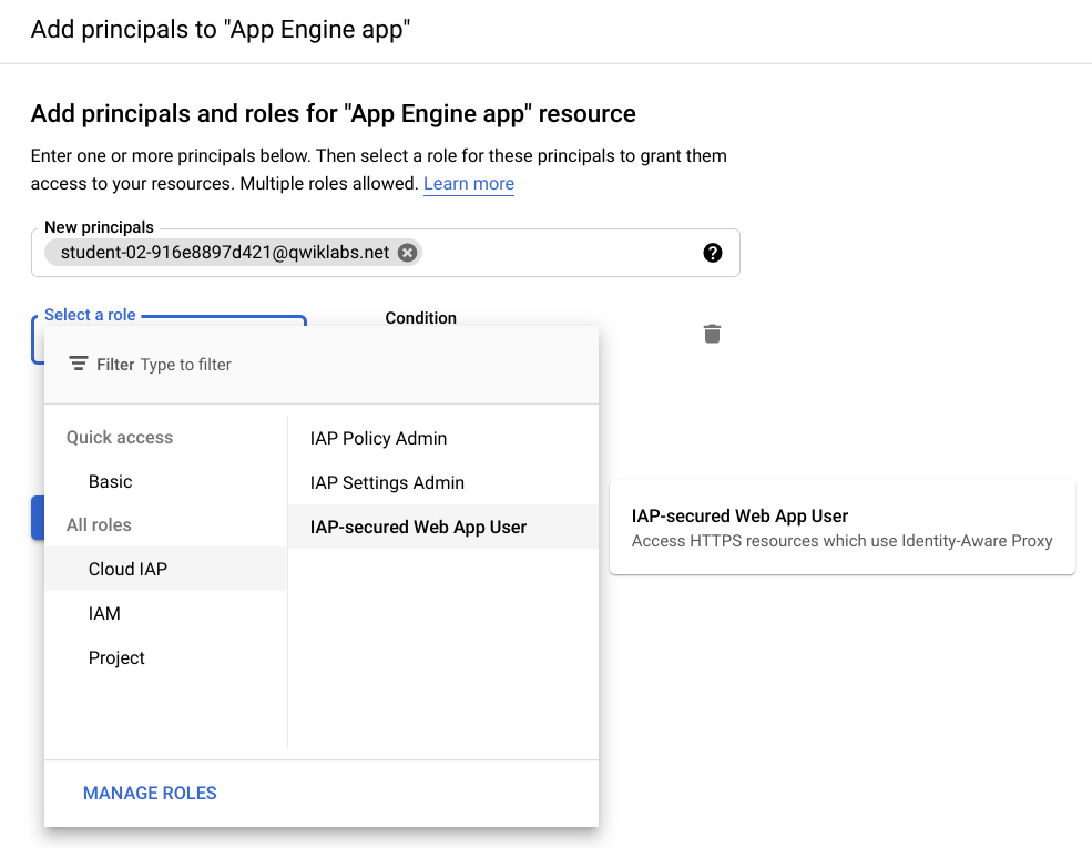 Add principals to "App Engine App" dialog box, Cloud IAP > IAP-secured Web App User