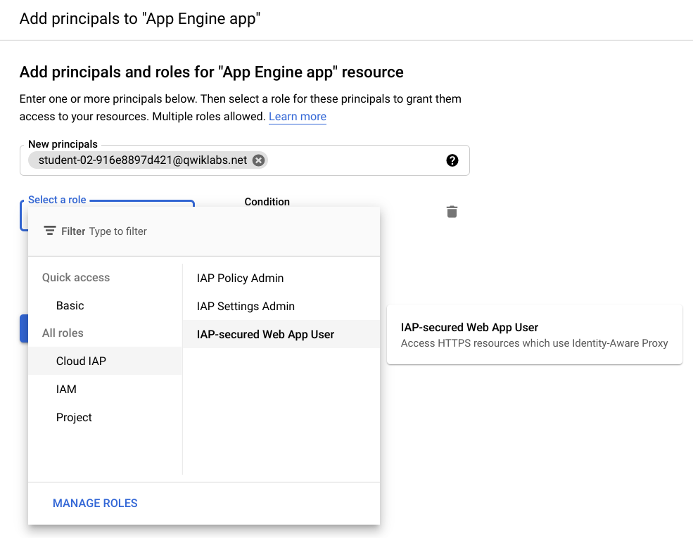 Boîte de dialogue &quot;Ajouter des comptes principaux à l&#39;application App Engine&quot;, avec Cloud IAP > Utilisateur de l&#39;application Web sécurisée par IAP