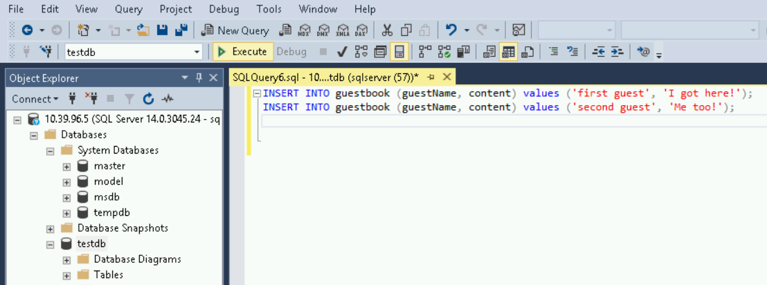 Two insert into guestbook SQL queries