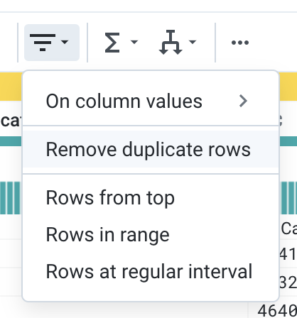 Expanded Filter dropdown menu with Remove duplicate rows option highlighted.