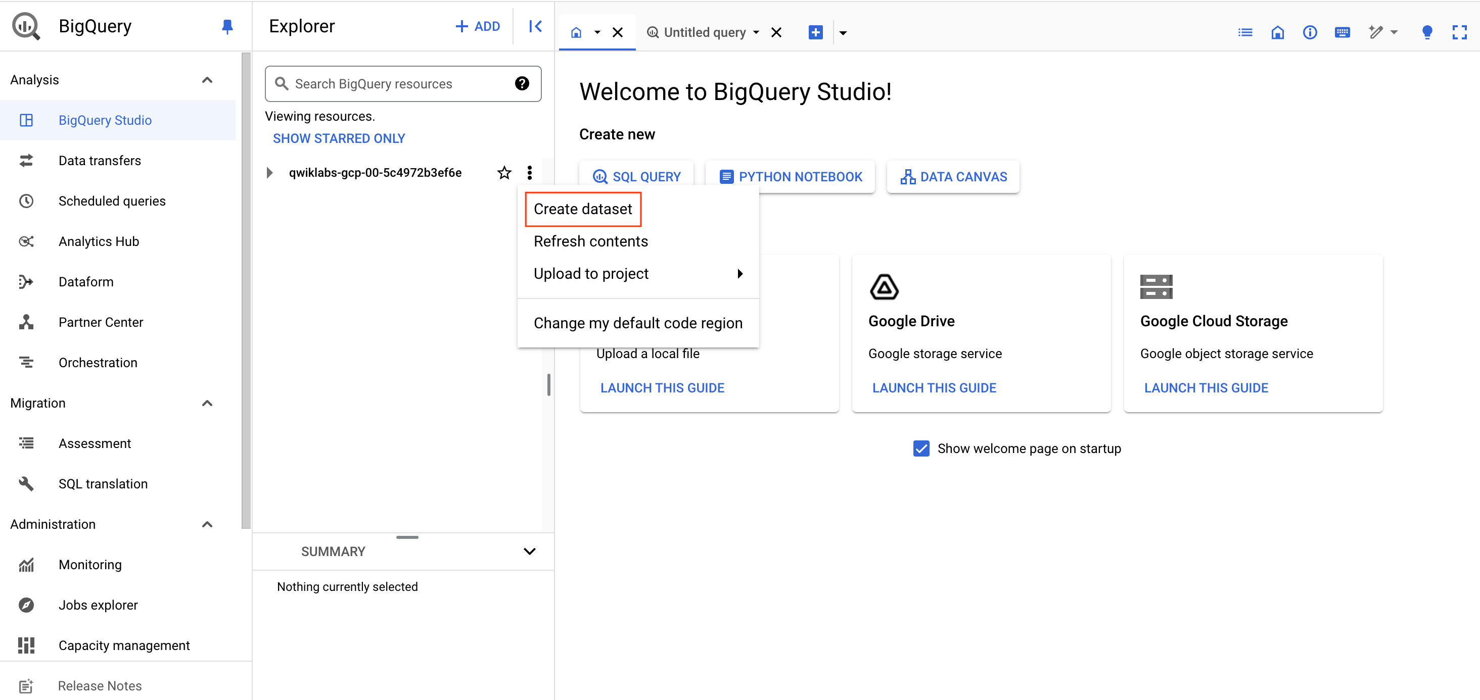 The selected Create dataset option
