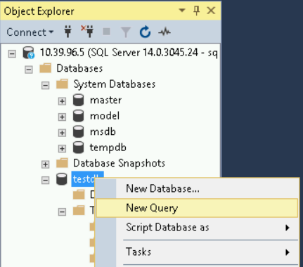 Testdb > New query menu selection