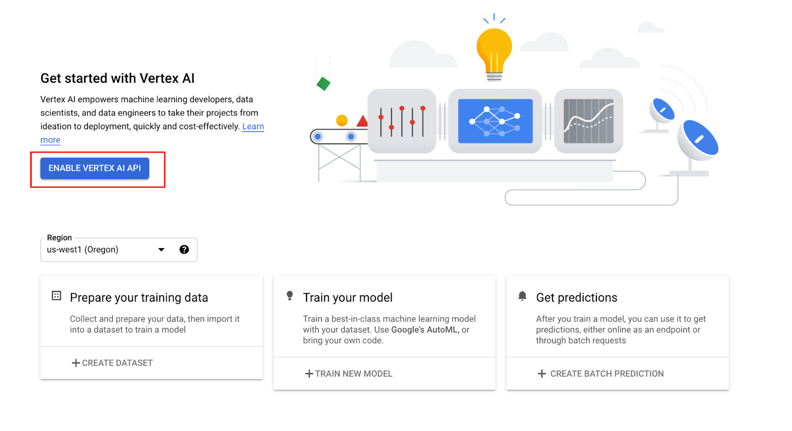 The Get stated with Vertex AI page with the Enable Vertex AI API button highlighted