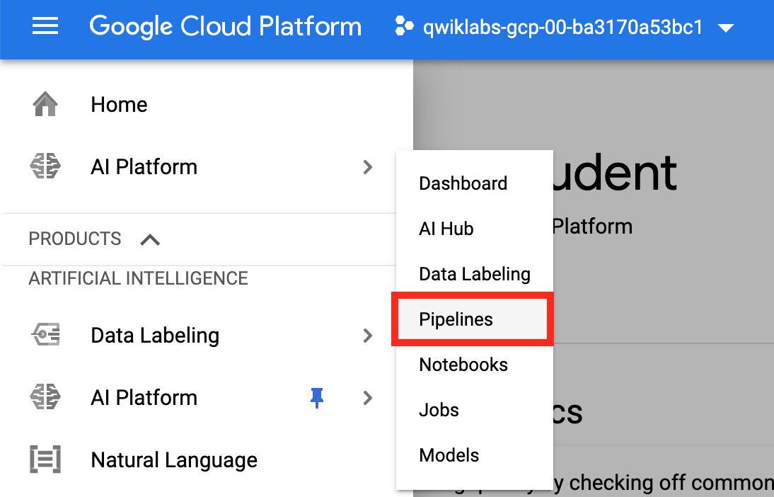 The navigation path to the Pipelines option.