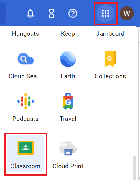 The Apps icon and Classroom tile highlighted on the UI