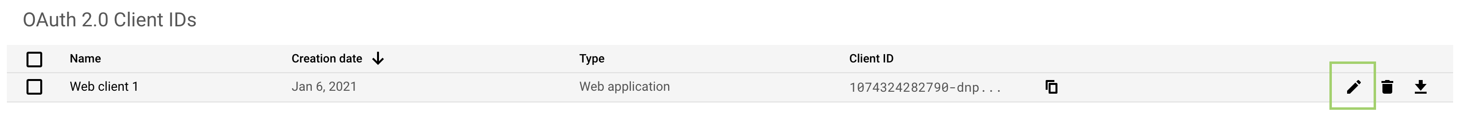 The pencil icon highlighted alongside the client ID on the OAuth 2.0 Client IDs page