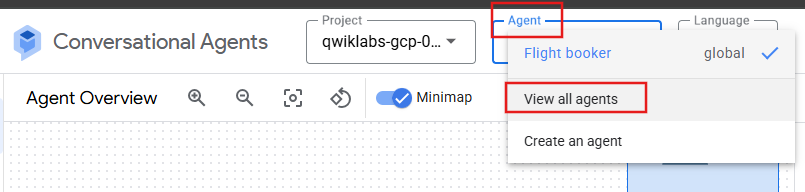 Expanded Agent dropdown with View all agents button highlighted