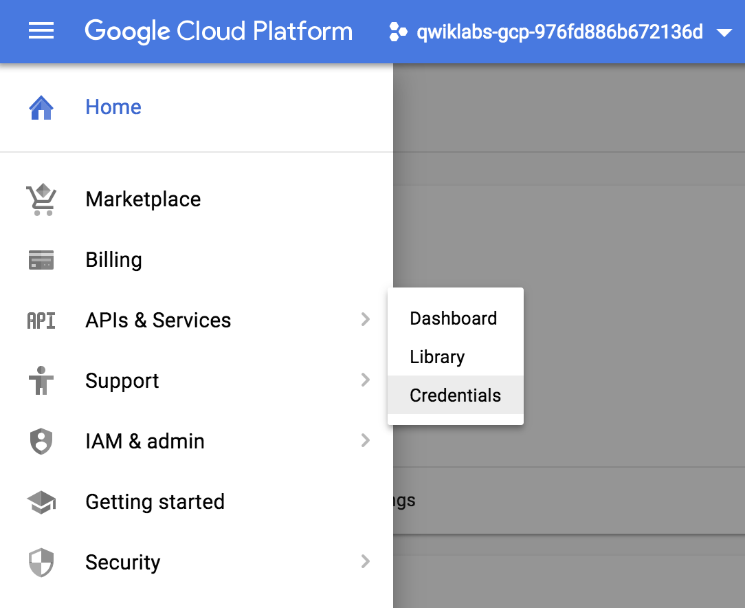 Expanded navigation menu highlighting the APIs and Services submenu and Credentials option