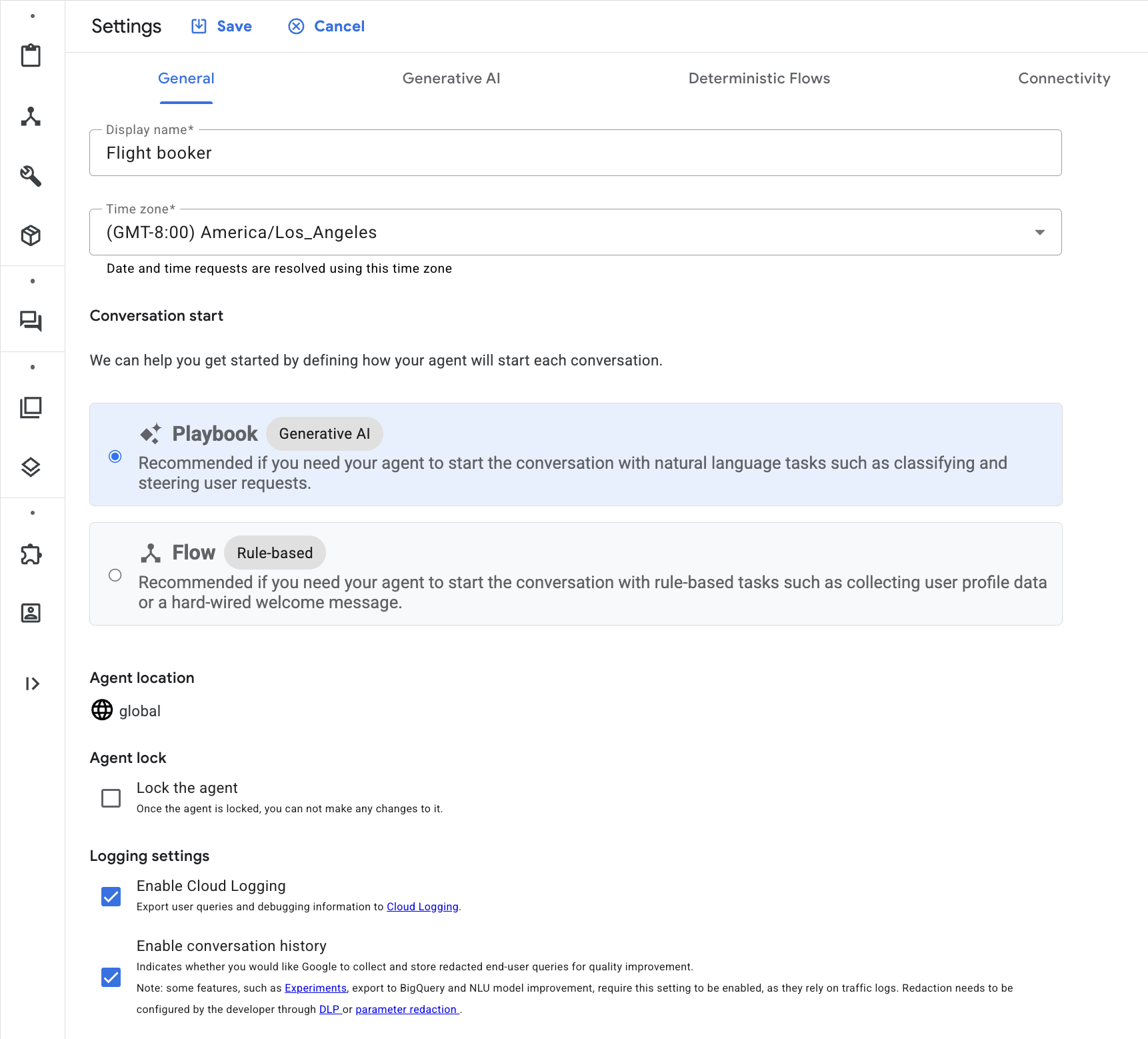 Agent Settings General tabbed page with Enable stackdriver logging option selected