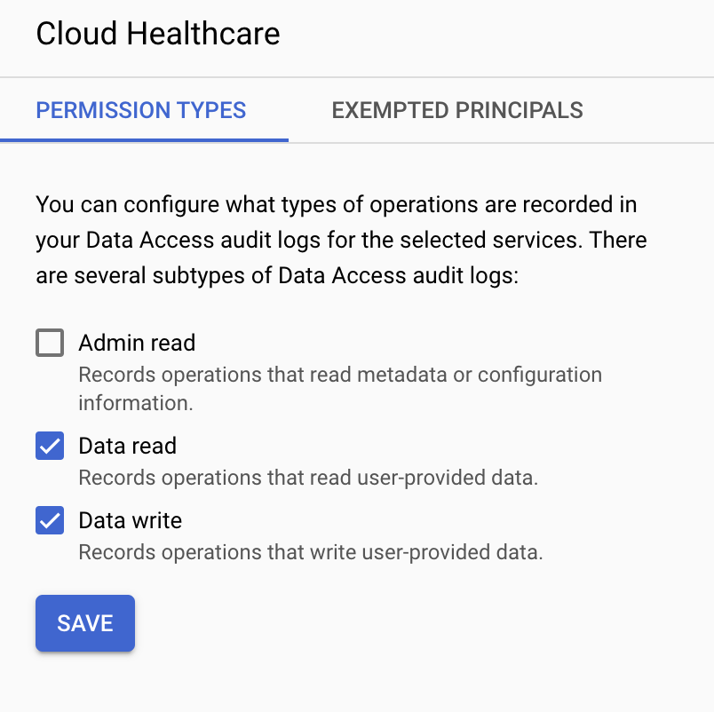 The Log Type tabbed page displaying the selected Data Read and Data Write checkboxes