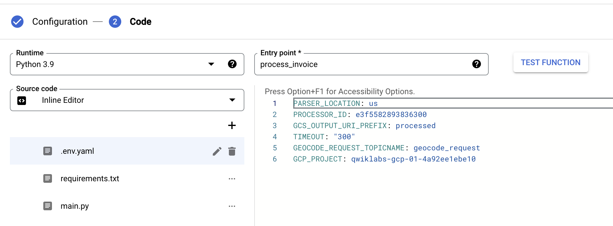 Environment variables for the process-invoices Cloud Run function