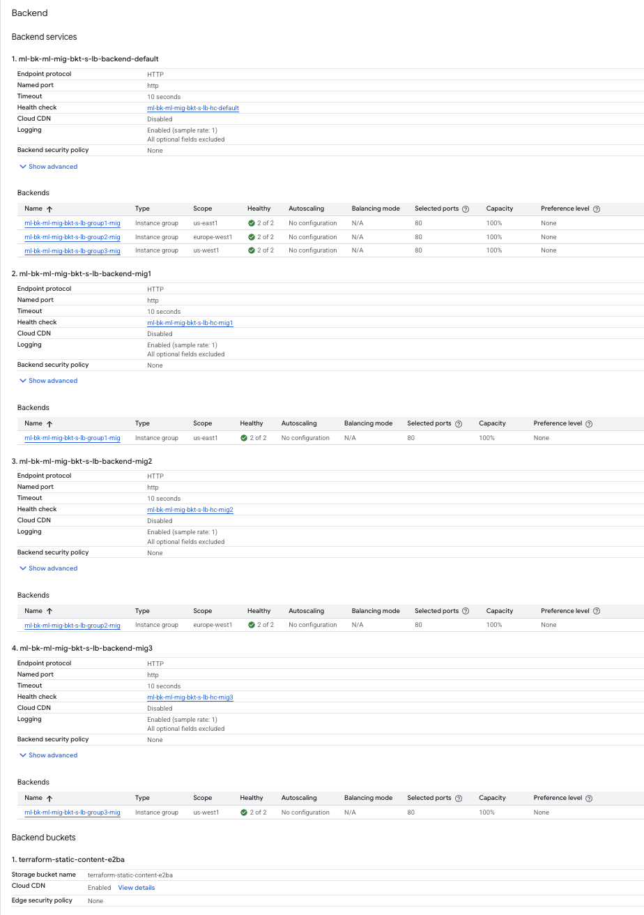 Load Balancer Backend listing the backend services and bucktes, each include items such as Type, Zone, and Capacity.