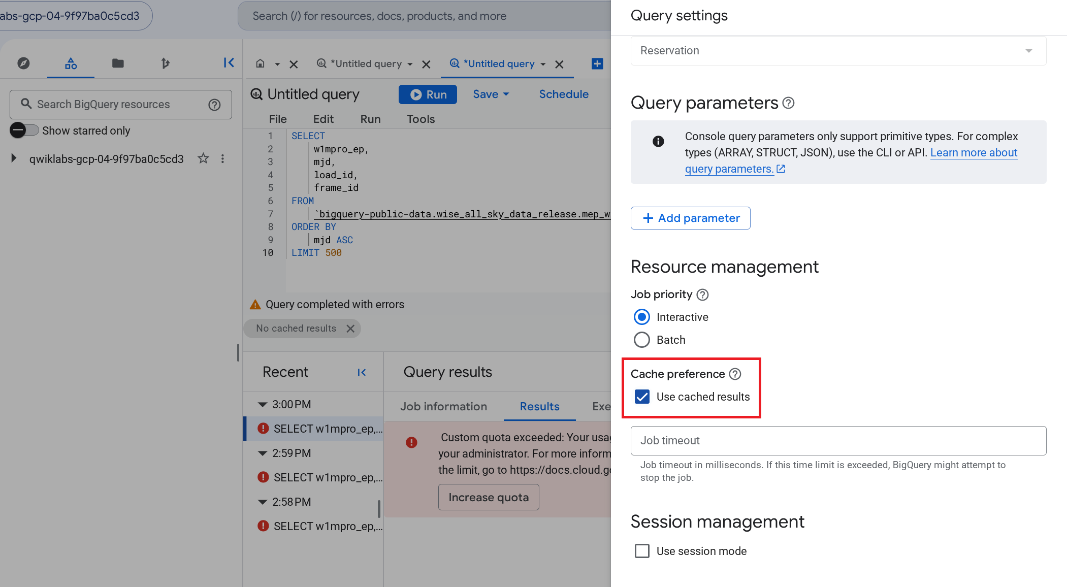 Query settings option highlighted in the More dropdown mnenu
