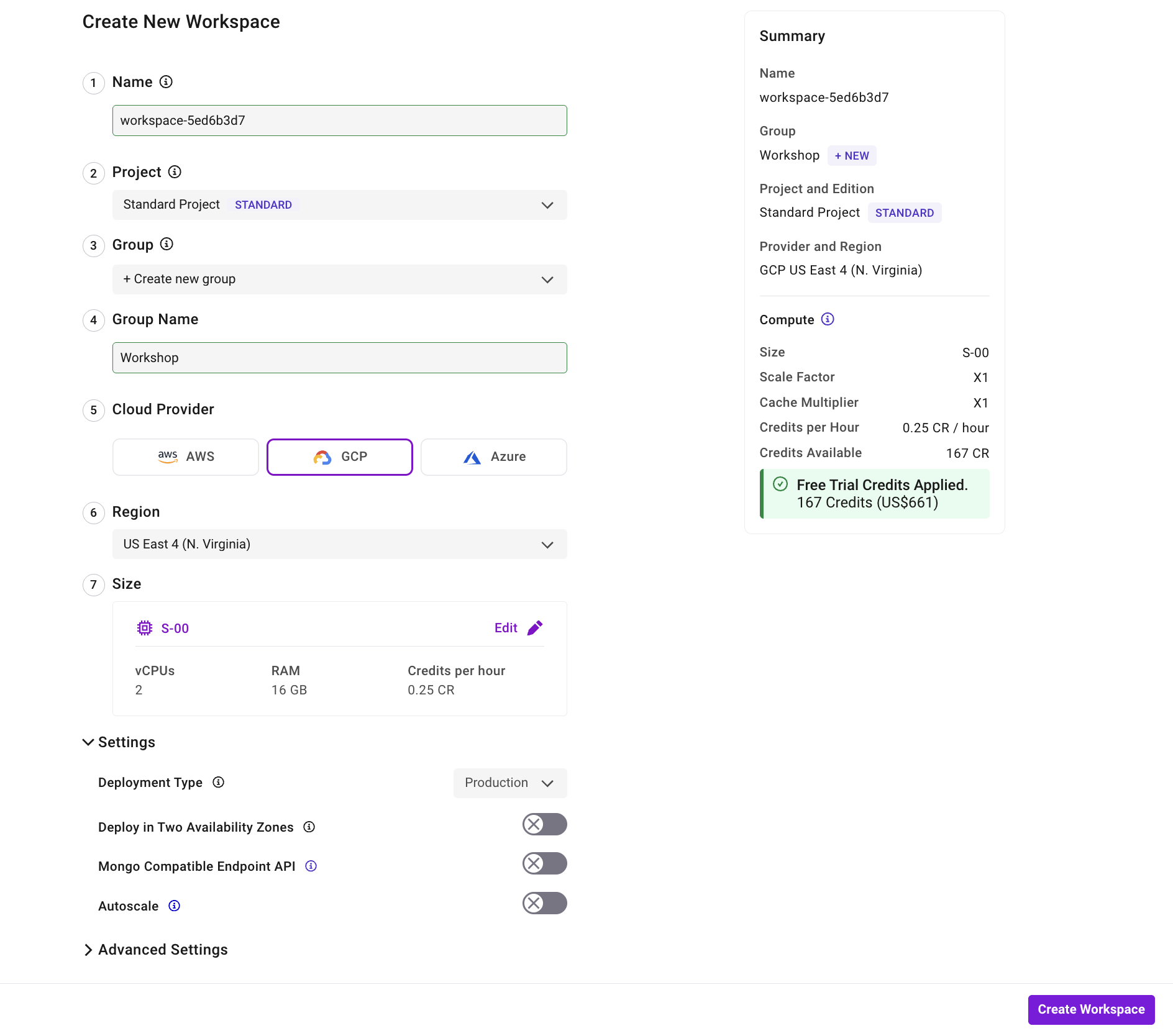 create workspace page
