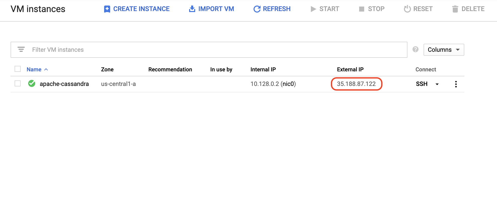 external IP address highlighted on the VM instances page