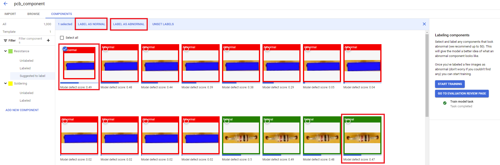 Abnormal component images highlighted in red and normal component images highlighted in green