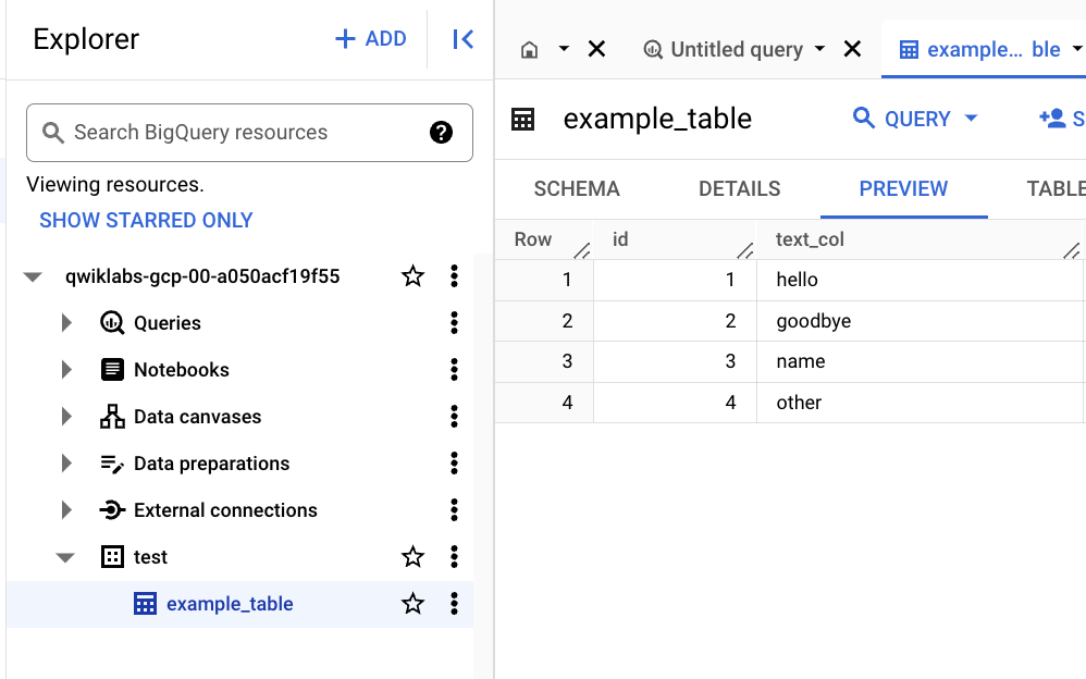 BigQuery Explorer page with the example_table visible