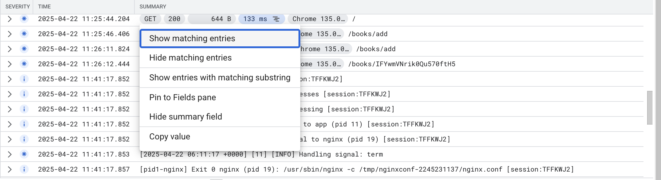 Query results and the Show matching entries option highlighted