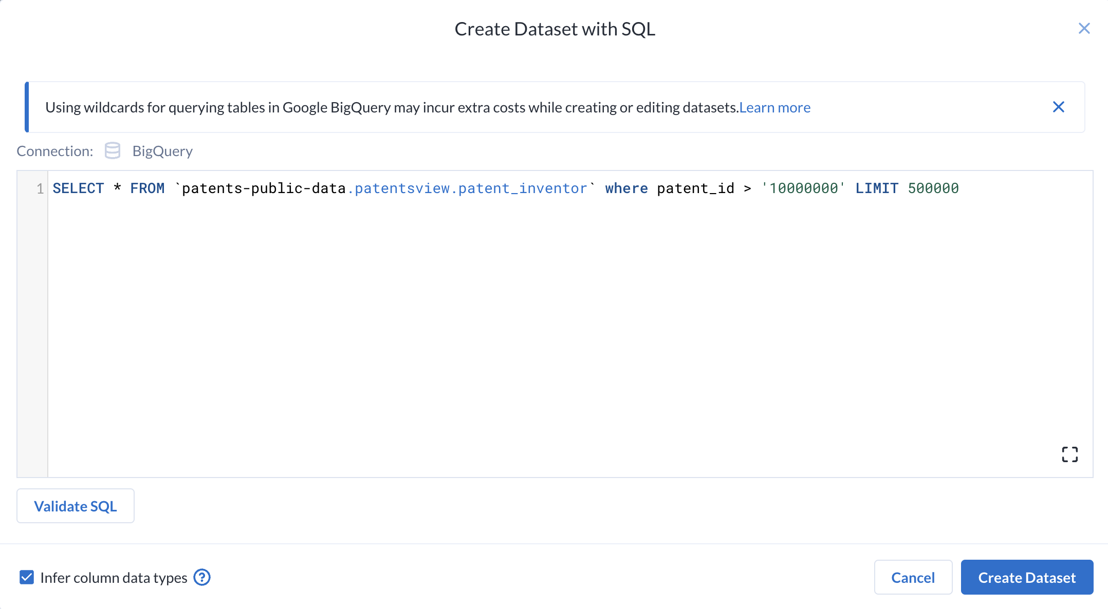 Create Dataset with SQL query dialog box displaying the updated limit of 10000