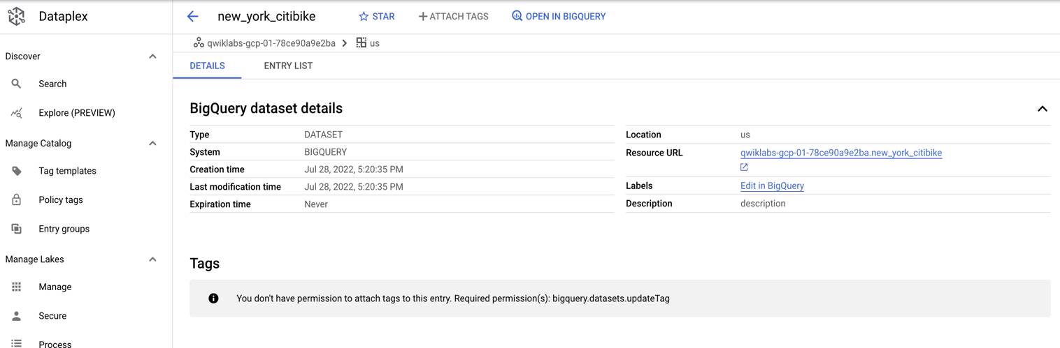 Dataplex page with BigQuery dataset details displayed in the Details tabbed page