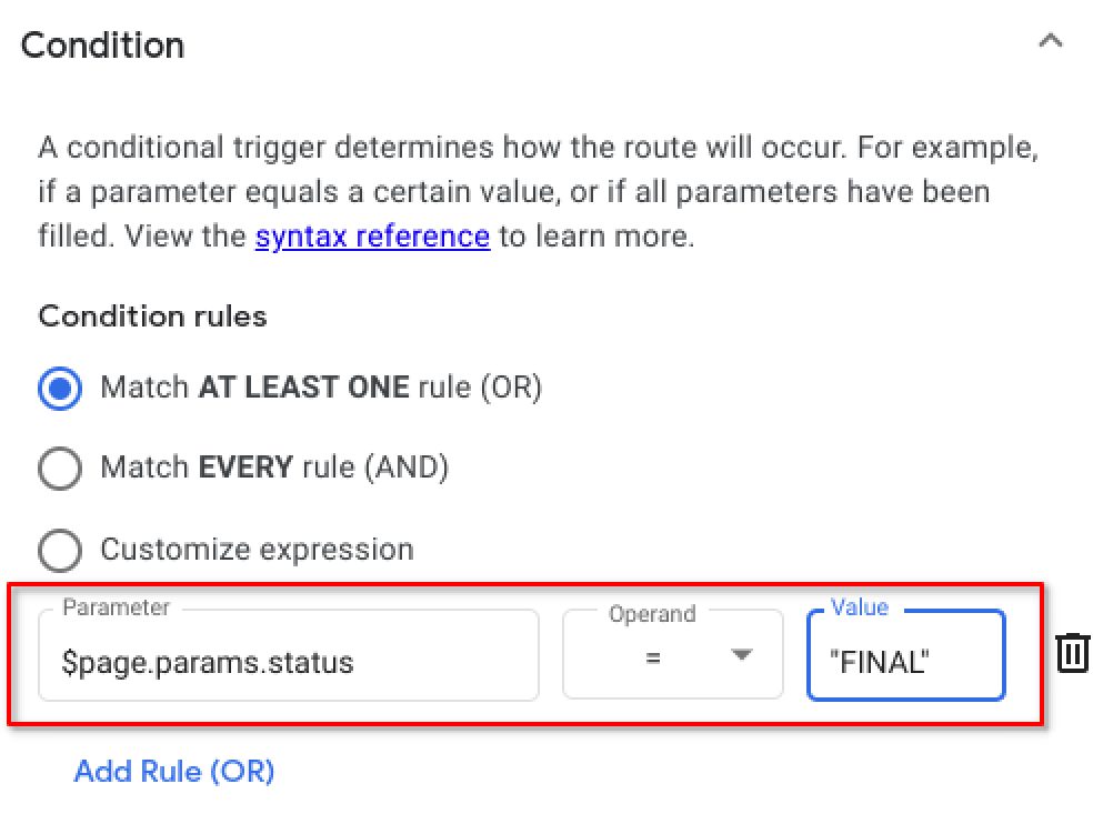 The condition page displaying the highlighted parameter, operand, and value