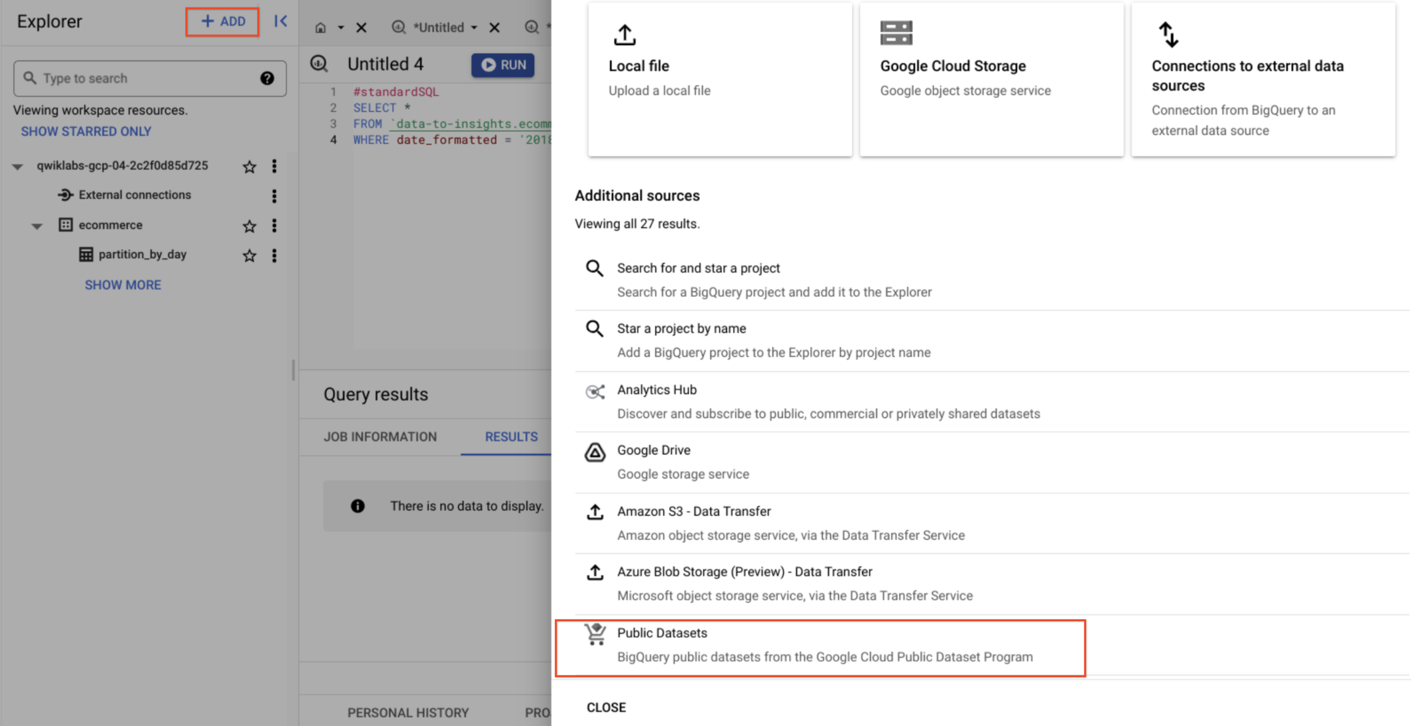 Add data menu, which includes Explore public datasets, Pin a project, and External data source.