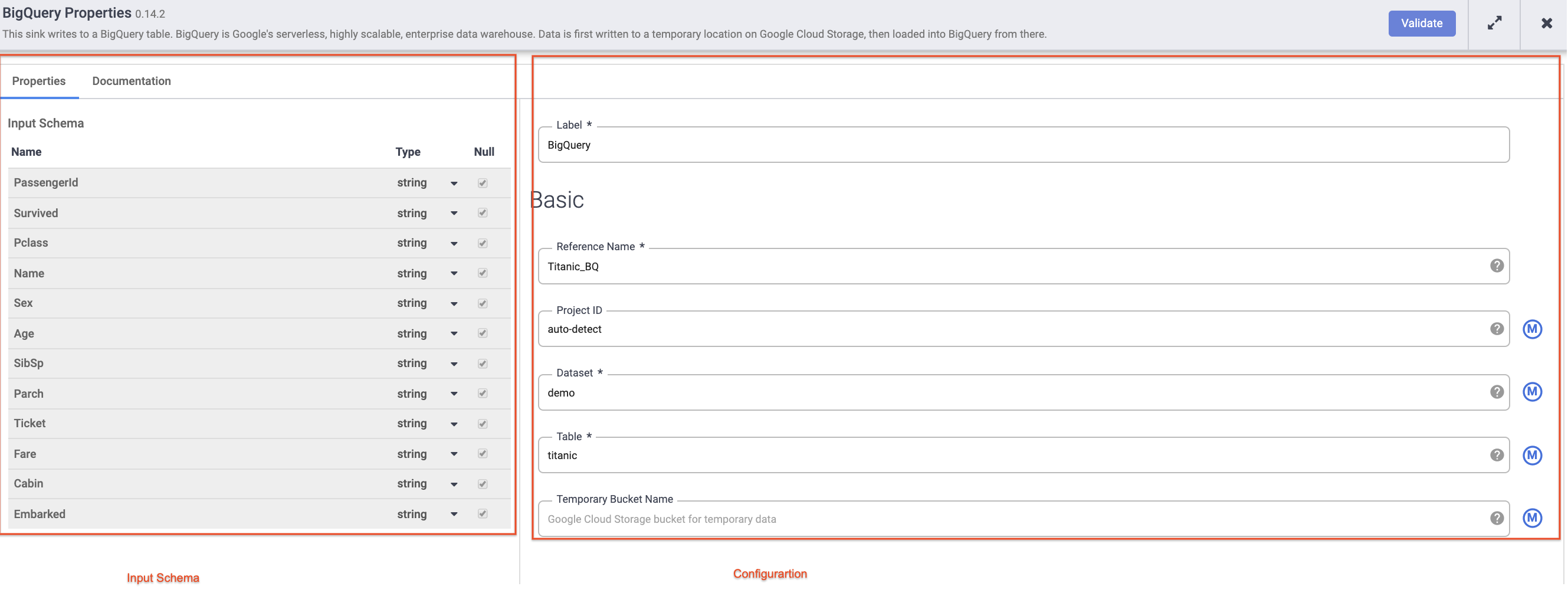 BigQuery properties dialog