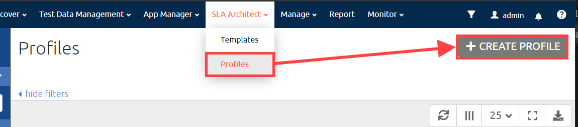 The Profiles option highlighted within the SLA Architecture menu, along with the Create Profile button.