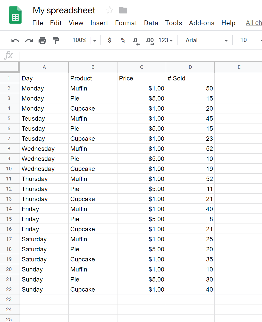 An example spreadsheet which lists 22 rows of bakery items sold. Column titles include; Day, Product, Price, and # Sold.