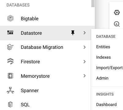 The option Entities highlighted within the Datastore menu.