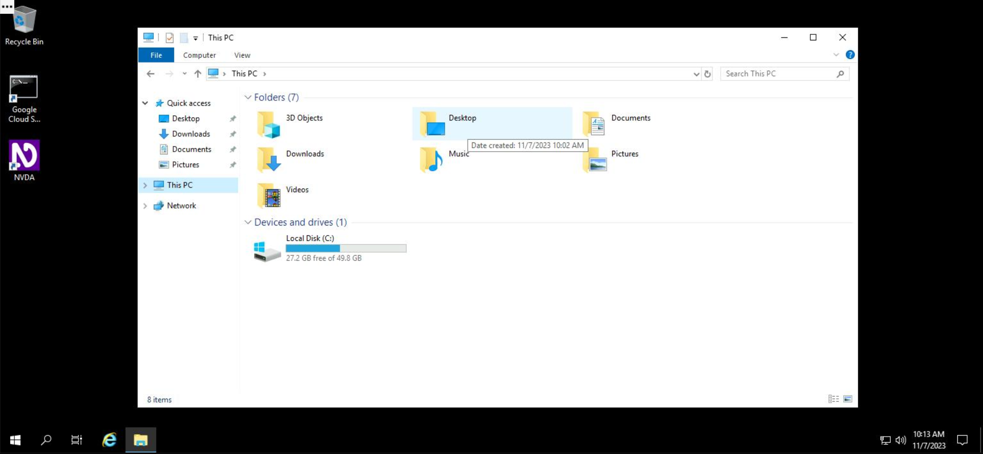 Screenshot of a Windows desktop, open to File Explorer. Within File Explorer, the user has selected "This PC" to access the Desktop folder.