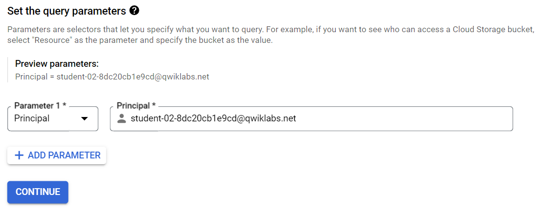 A Google Cloud IAM policy analyzer window displays the settings of a custom query setting the query parameters for a user