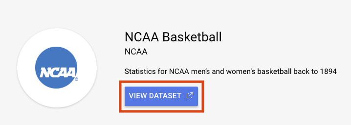 NCAA Basketball search result displays and the VIEW DATASET button is highlighted