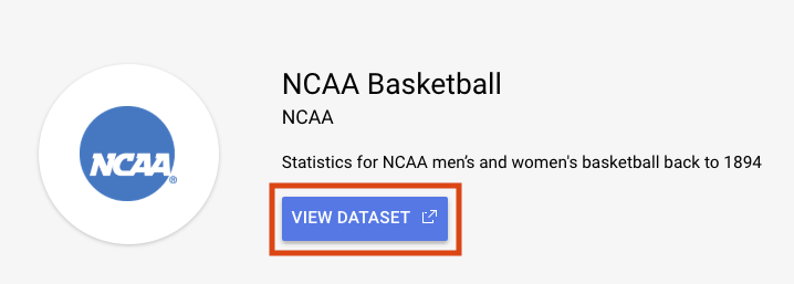 Hasil penelusuran NCAA Basketball ditampilkan dan tombol VIEW DATASET ditandai