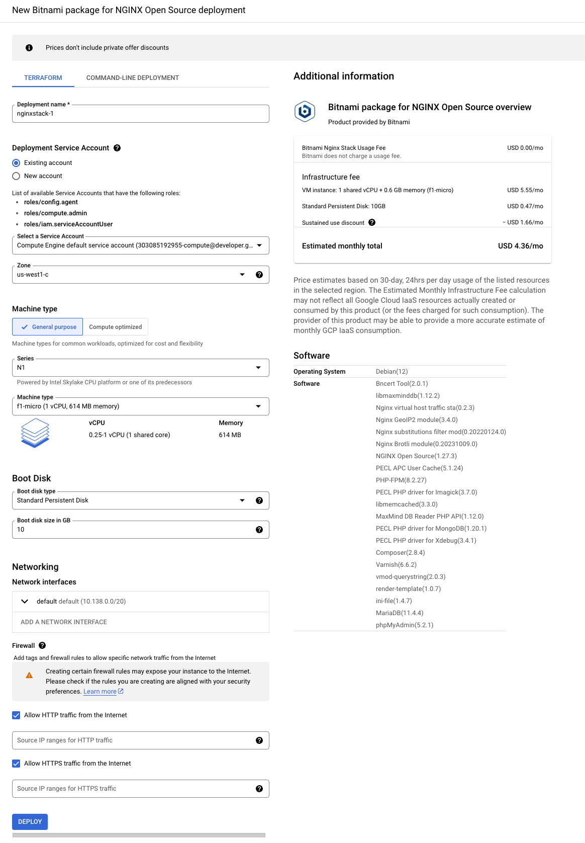 The new Nginx Stack, which includes information about its networking, boot disk, and firewall, along with a Deploy button.