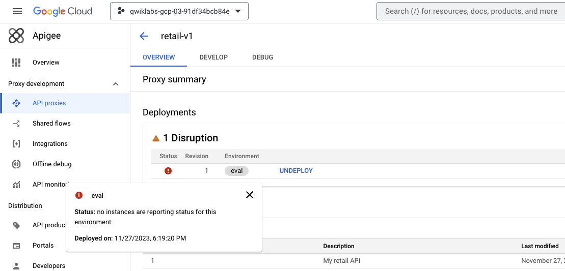 Status: displays with a warning symbol. The Details popup message is: Status: no instances are reporting status for this environment.