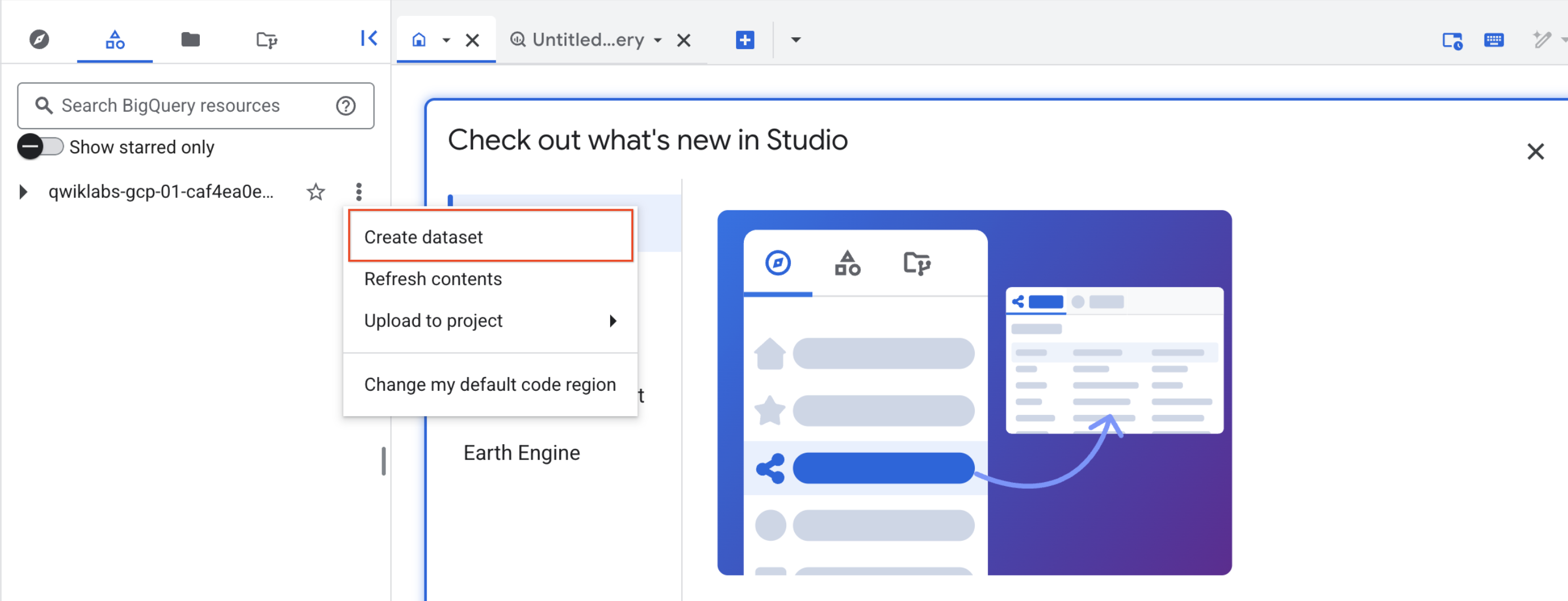 BigQuery console with project name and Create dataset link highlighted