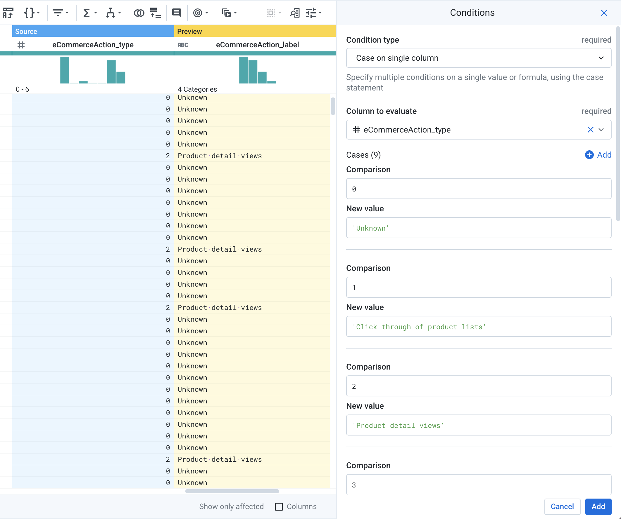 Condition panel with a preview of the evaluated column, eCommerceAction_type evaluated