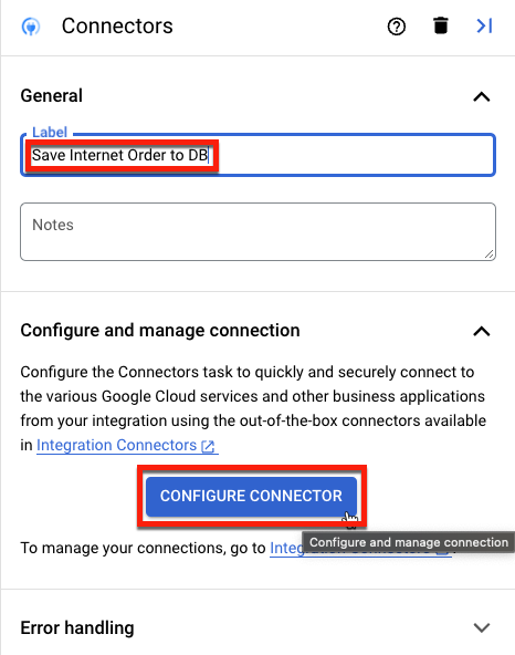 Save Internet Order to DB label with Configure Connector button