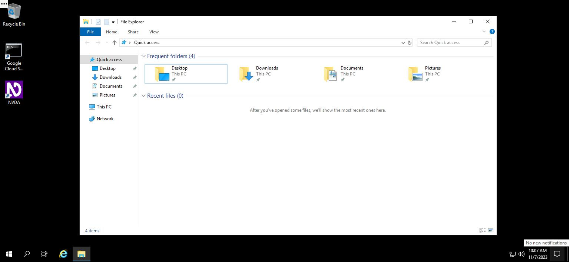 Screenshot of Windows desktop with File Explorer open to 'Quick Access'. Frequent folders are shown, including Desktop, Downloads, Documents, and Pictures.