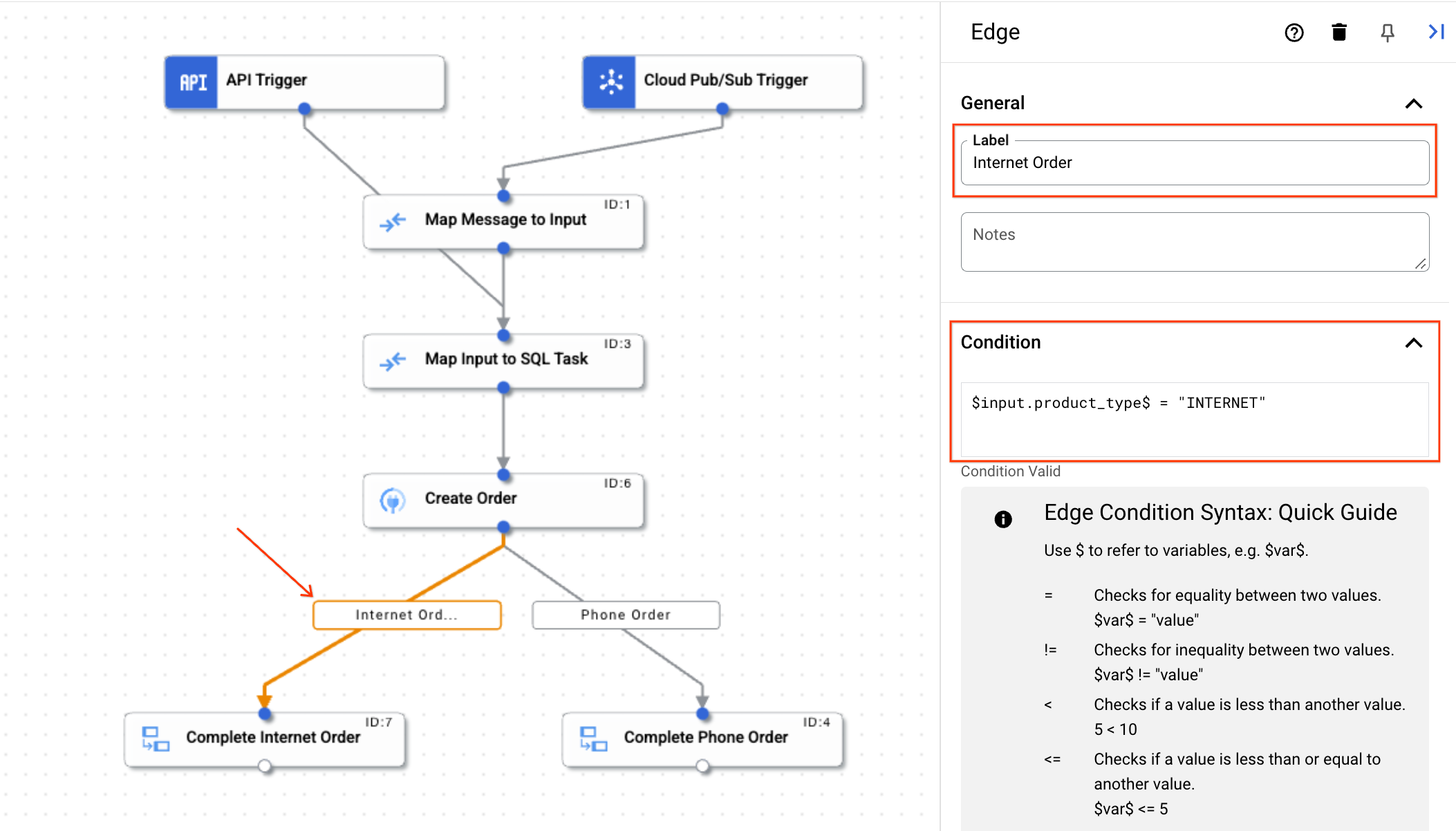 Click the line, called Edge, between Create Order and Complete Internet order then add the label Internet Order and condition