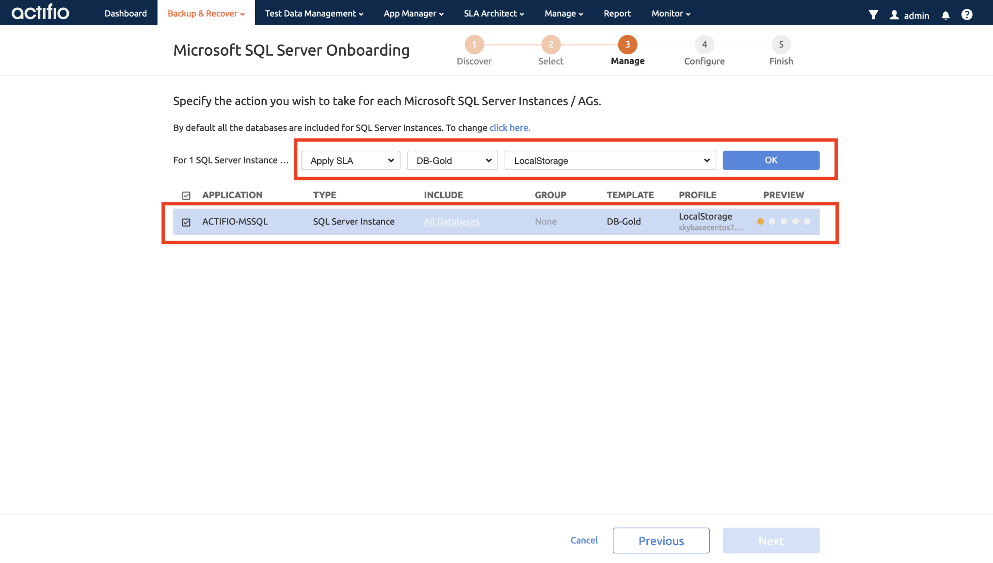 The highlighted ACTIFI-MSSQL server instance, along with the template options DB-Gold and LocalStorage.