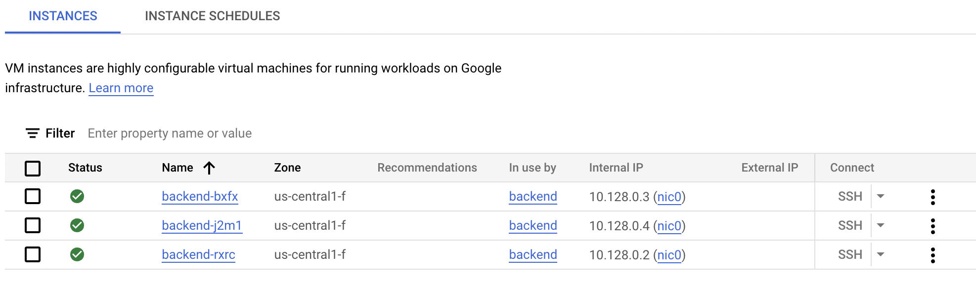 The three backends listed on the Instances tabbed page