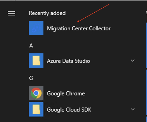 The Migration Center Collector highlighted in the Start menu.