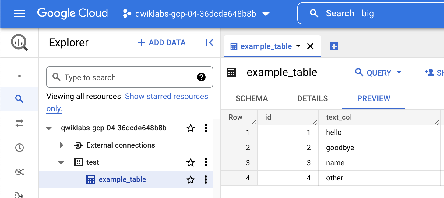 BigQuery Explorer page with the example_table visible
