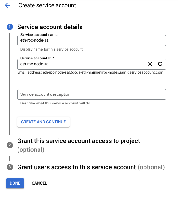 The Create service account page, which includes the aforementioned fields