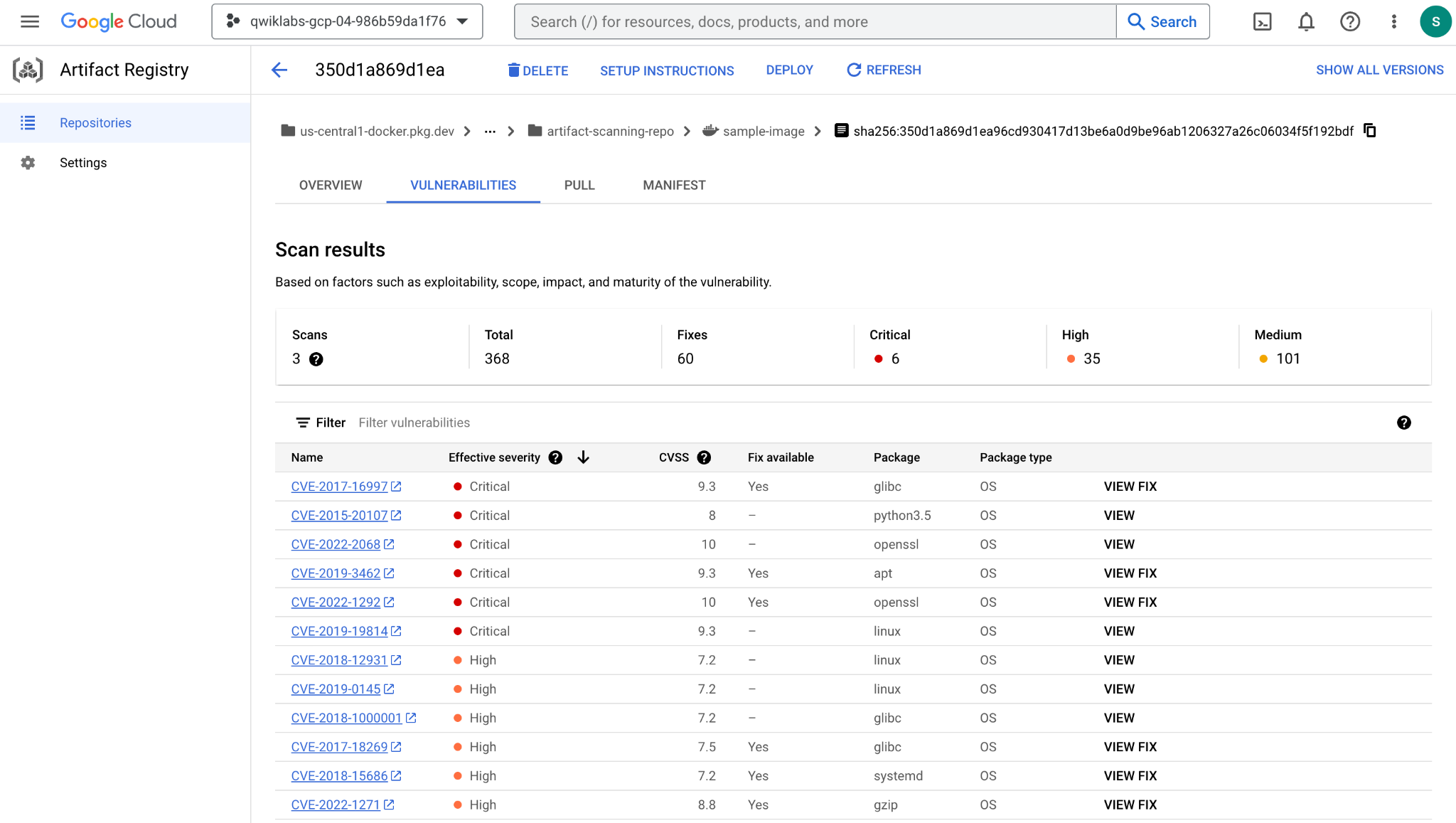 Artifact Registry page showing the Vulnerabilities tab