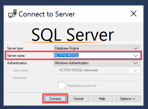 The SQL Server Management Studio login screen, with the Server name field and the Connect button highlighted.