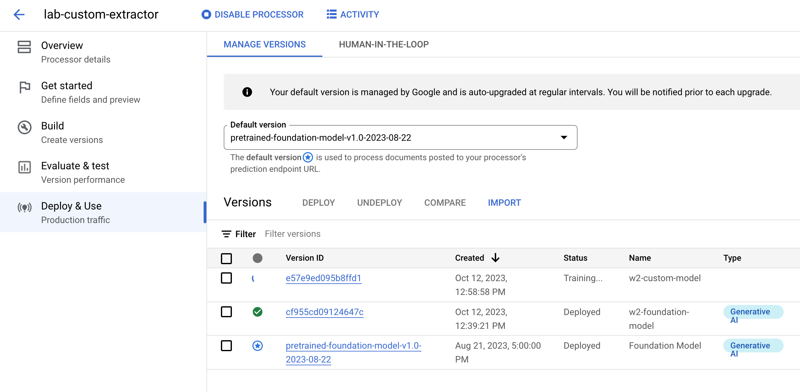 view training status of custom processor