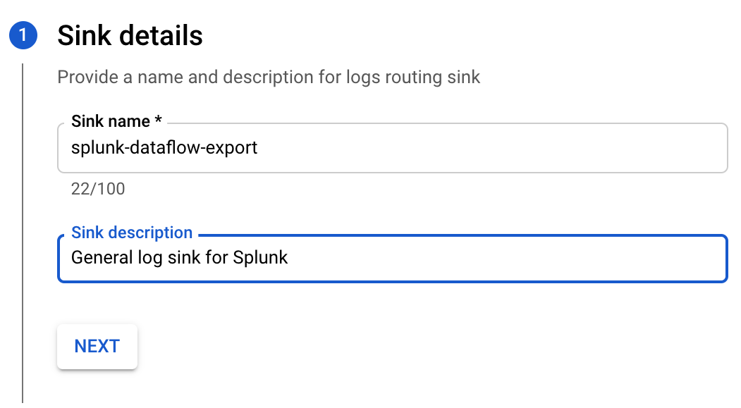 Sink details page displaying the populated Sink name and Sink description fields.